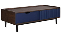 Manhattan Comfort Duane Modern Ribbed Coffee Table with Drawer & Shelf - Dark Brown & Navy Blue