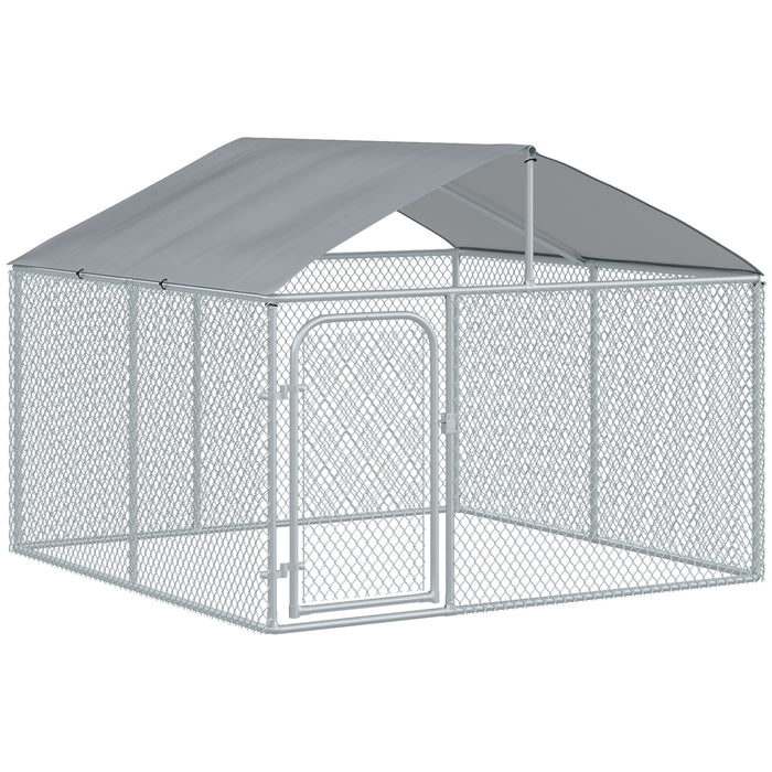 Pawhut Dog Kennel Outdoor Run Fence With Roof, Steel Lock, Mesh Sidewalls For Backyard & Patio, 7.5' X 7.5' X 5.7'