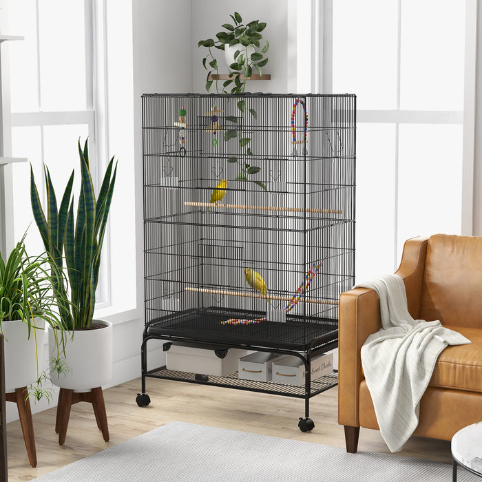 Pawhut 63\" Bird Cage Open Top For Budgies Cockatiels Canaries Lovebirds Finches With Rolling Stand, Toys, Removable Tray, Storage Shelf