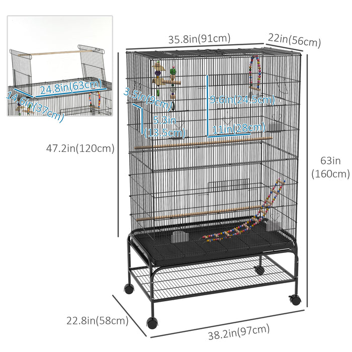 Pawhut 63\" Bird Cage Open Top For Budgies Cockatiels Canaries Lovebirds Finches With Rolling Stand, Toys, Removable Tray, Storage Shelf