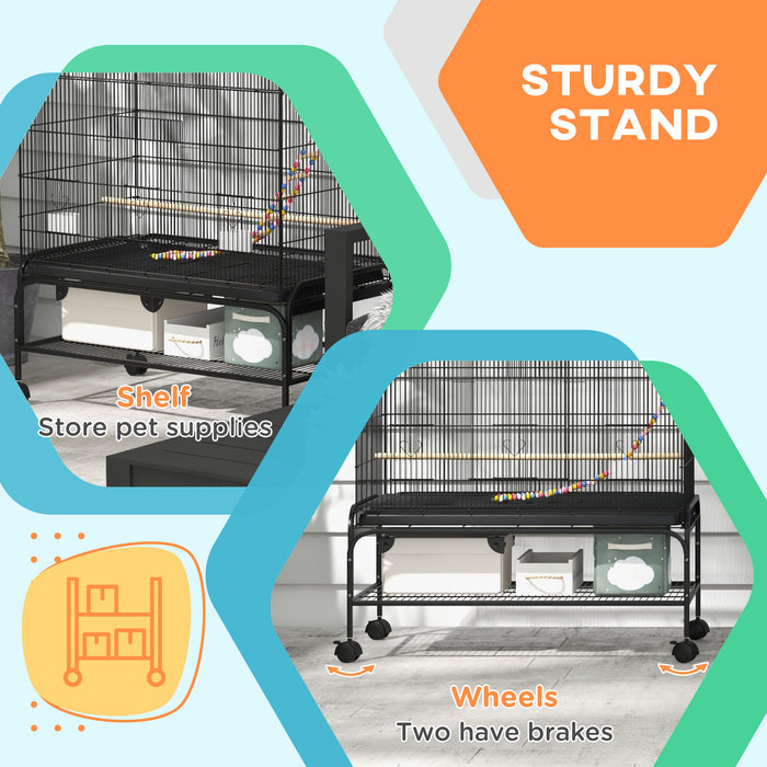 Pawhut 63\" Bird Cage Open Top For Budgies Cockatiels Canaries Lovebirds Finches With Rolling Stand, Toys, Removable Tray, Storage Shelf