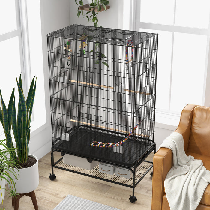 Pawhut 63\" Bird Cage Open Top For Budgies Cockatiels Canaries Lovebirds Finches With Rolling Stand, Toys, Removable Tray, Storage Shelf