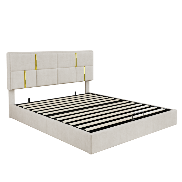 Joyce Upholstered Platform Bed With Hydraulic Storage And Velvet Frame,queen Size,beige Queen Bed
