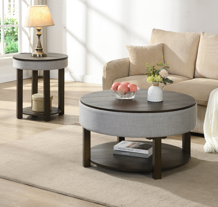 Elroy 21\" Rustic Round Lift Top End Table With Shelf  - Brown and Grey with Fabric Edge 