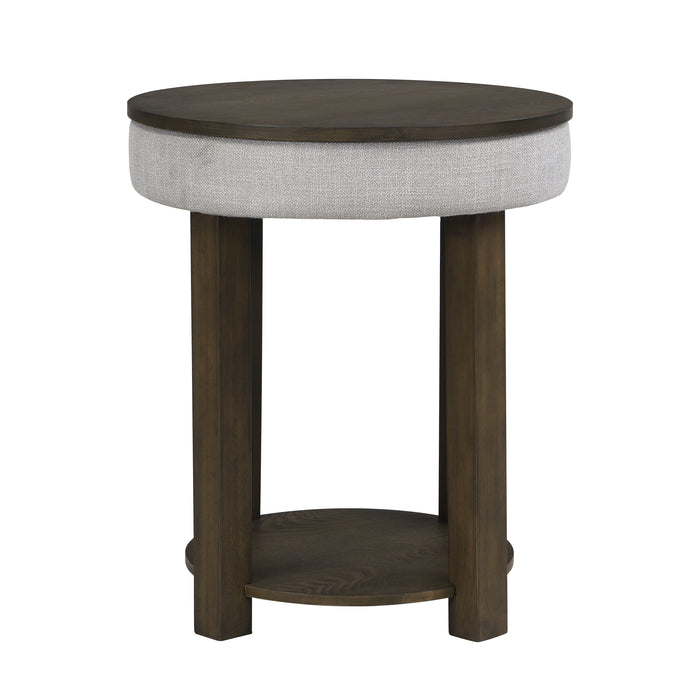 Elroy 21\" Rustic Round Lift Top End Table With Shelf  - Brown and Grey with Fabric Edge 