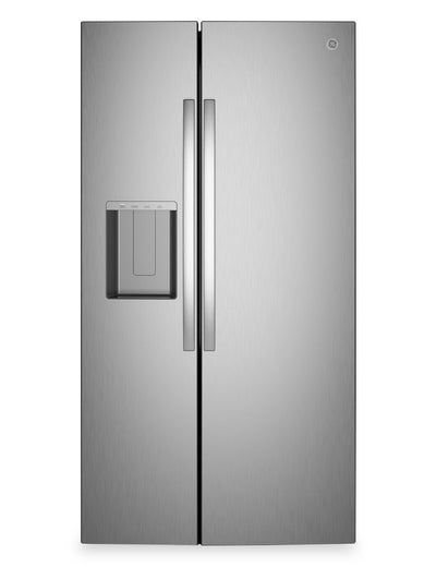 GE 36" 28 Cu. Ft. Side-by-Side Refrigerator with Ice and Water Dispenser - Stainless Steel - GSS28NYYFS | Réfrigérateur GE de 28 pi3 et de 36 po à compartiments juxtaposés avec distributeur d’eau et de glaçons - acier inoxydable - GSS28NYYFS