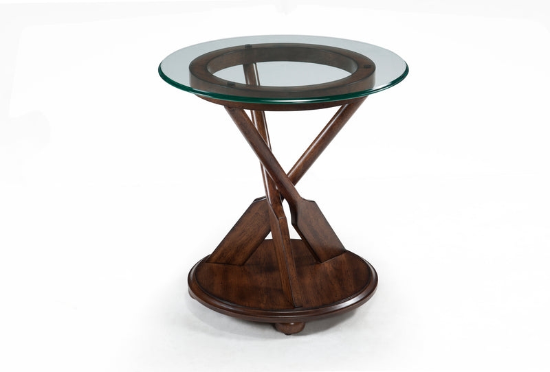 Hatfield 20” Eclectic End Table with Glass Top & Carved Oars in Wood Base – Dark Oak