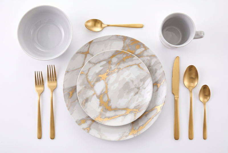 20-Piece Grey Marble Porcelain Dinnerware Set with Gold Veining & Gold Flatware