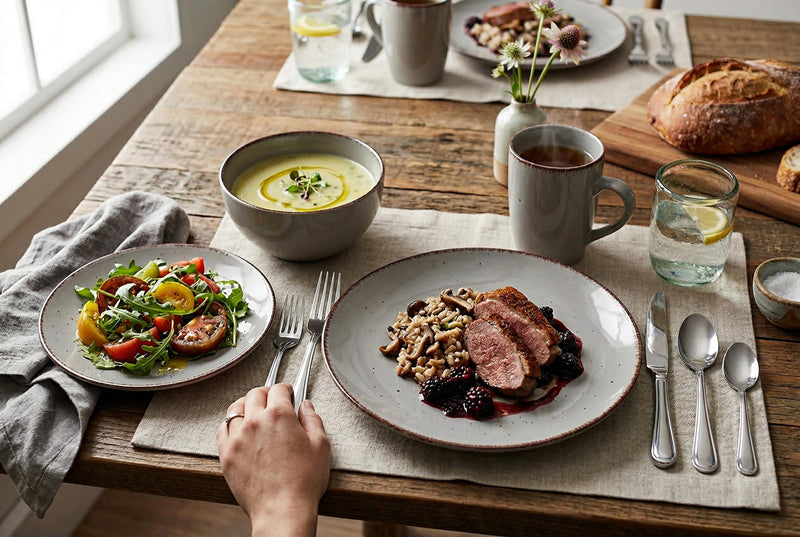 Utopia 16-Piece Stoneware Dinnerware Set with Silver Flatware