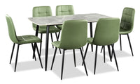 Arlo 7pc Dining Set with Table & 6 Green Chairs, Sintered Stone & Metal, 55