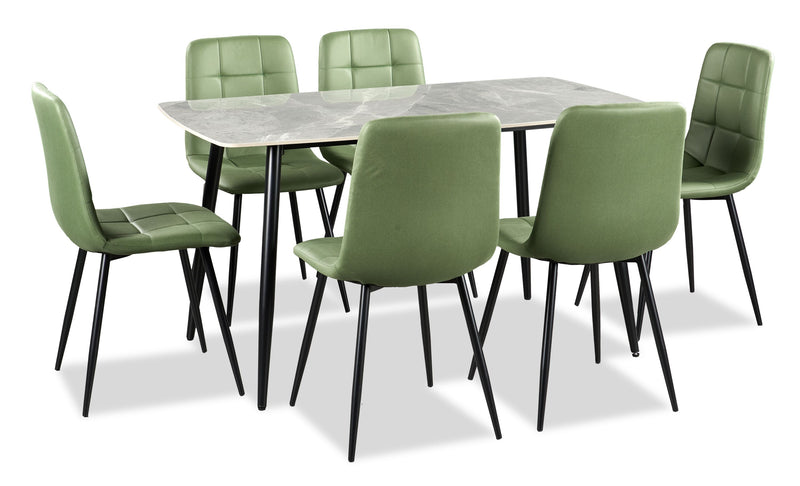 Arlo 7pc Dining Set with Table & 6 Green Chairs, Sintered Stone & Metal, 55\"W - Green & Grey/Black