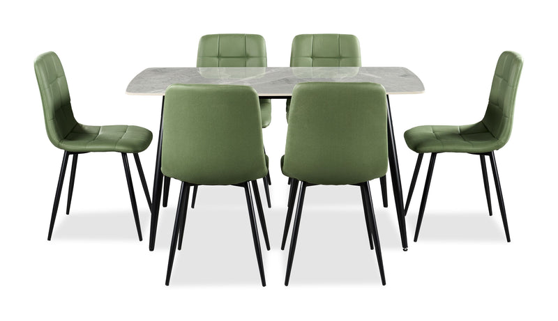 Arlo 7pc Dining Set with Table & 6 Green Chairs, Sintered Stone & Metal, 55\"W - Green & Grey/Black