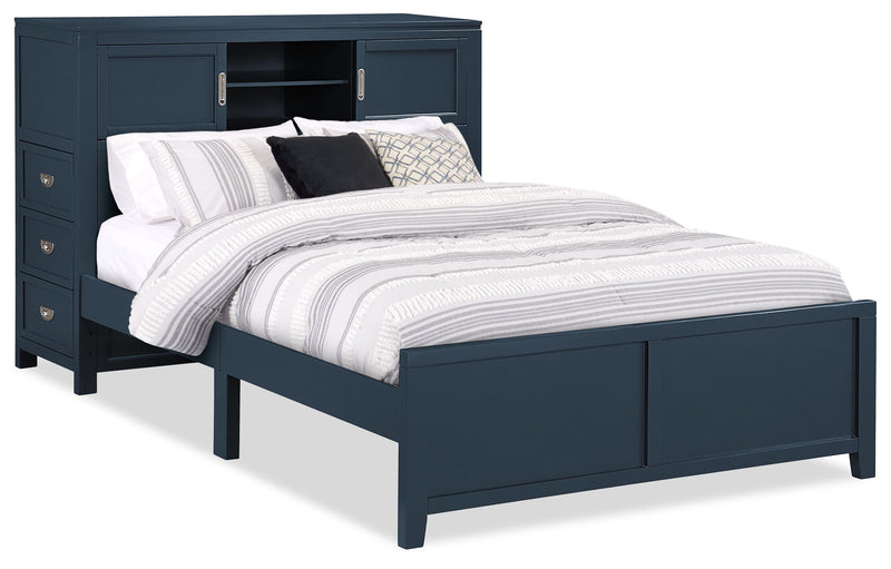 Quinn Platform Bed with Bookcase Headboard, Built-in Desk & Stool, Blue - Full Size