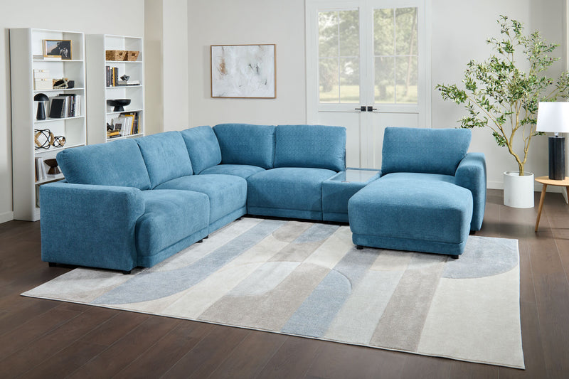 Voyage Modular 6-Piece Right-Facing Fabric Sectional with Console and Removable Back Cushions – Blue