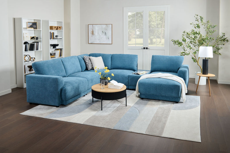Voyage Modular 6-Piece Right-Facing Fabric Sectional with Console and Removable Back Cushions – Blue