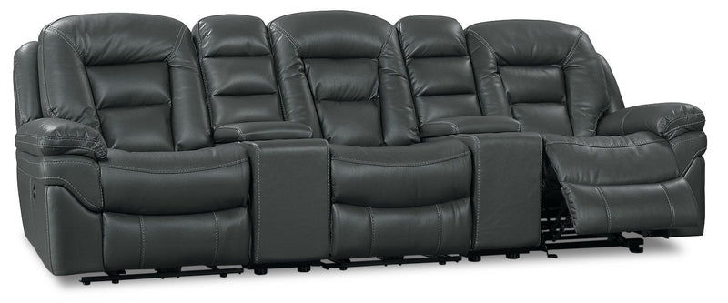 Leo 5-Piece Leather-Look Fabric Home Theatre Reclining Sectional with Storage Consoles and Cupholders - Grey