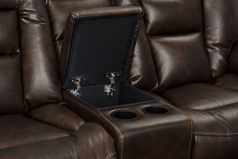 Leo 5-Piece Leather-Look Fabric Home Theatre Power Reclining Sectional with Storage Consoles and Cupholders - Walnut Brown