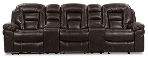 Leo 5-Piece Leather-Look Fabric Home Theatre Power Reclining Sectional with Storage Consoles and Cupholders - Walnut Brown
