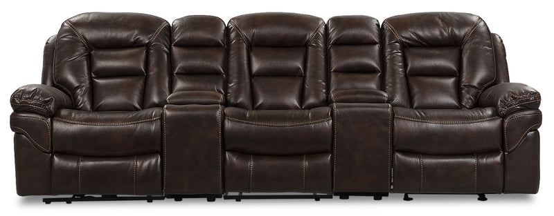 Leo 5-Piece Leather-Look Fabric Home Theatre Power Reclining Sectional with Storage Consoles and Cupholders - Walnut Brown