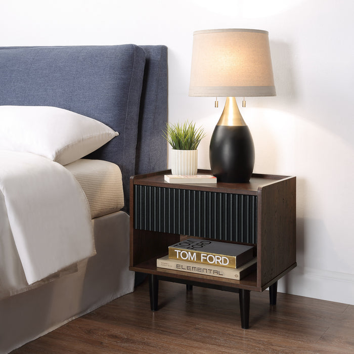 Manhattan Comfort Duane Modern Ribbed Nightstand with Full Extension Drawer - Dark Brown & Black