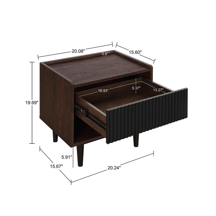 Manhattan Comfort Duane Modern Ribbed Nightstand with Full Extension Drawer - Dark Brown & Black