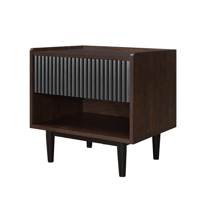 Manhattan Comfort Duane Modern Ribbed Nightstand with Full Extension Drawer - Dark Brown & Black