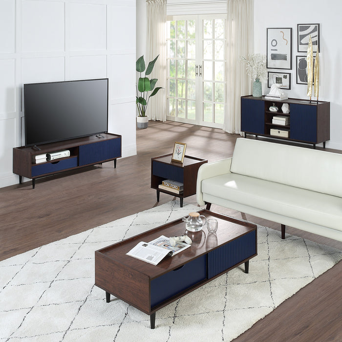 Manhattan Comfort Duane Modern Ribbed Nightstand with Full Extension Drawer - Dark Brown & Navy Blue