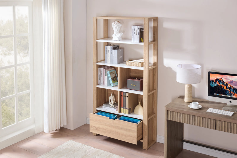 Oscar 36\" Contemporary Bookcase with File Drawer – Weathered White and Faux Marble