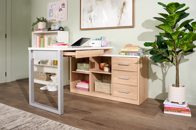 Owen 55\" Reversible Corner Office Desk with 4-Drawers & Cubbies – Faux White Marble and Weathered White