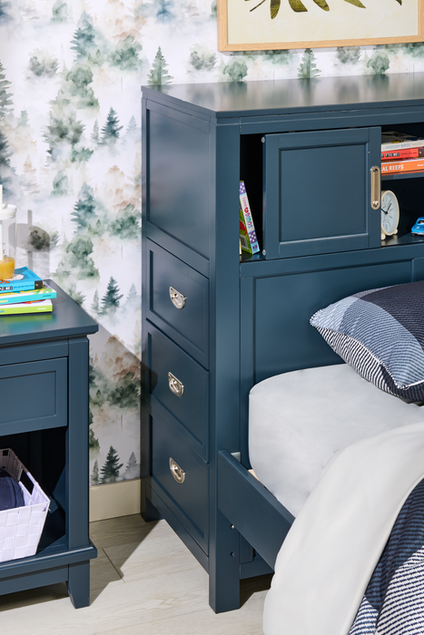 Quinn Platform Bed with Bookcase Headboard, Built-in Desk & Stool, Blue - Twin Size