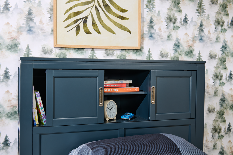 Quinn Platform Bed with Bookcase Headboard, Built-in Desk & Stool, Blue - Twin Size