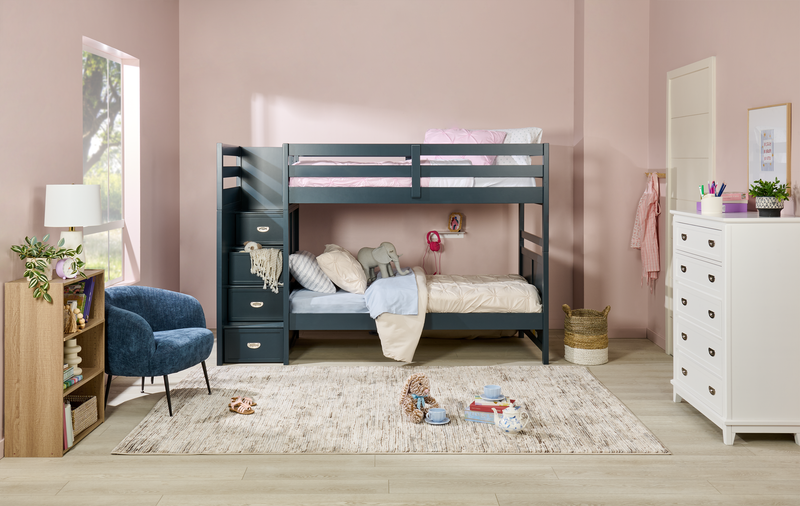 Quinn Bunk Bed with Built-in Staircase Dresser & Guard Rail for Kids, Blue - Twin/Twin