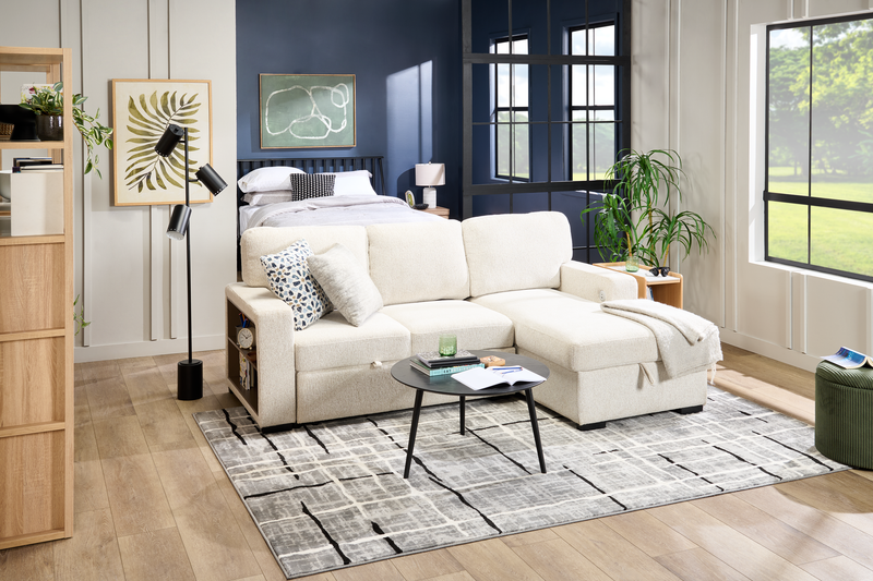 Pocket 2-piece Right-facing Linen-Look Fabric Sleeper Sectional with Storage - Beige