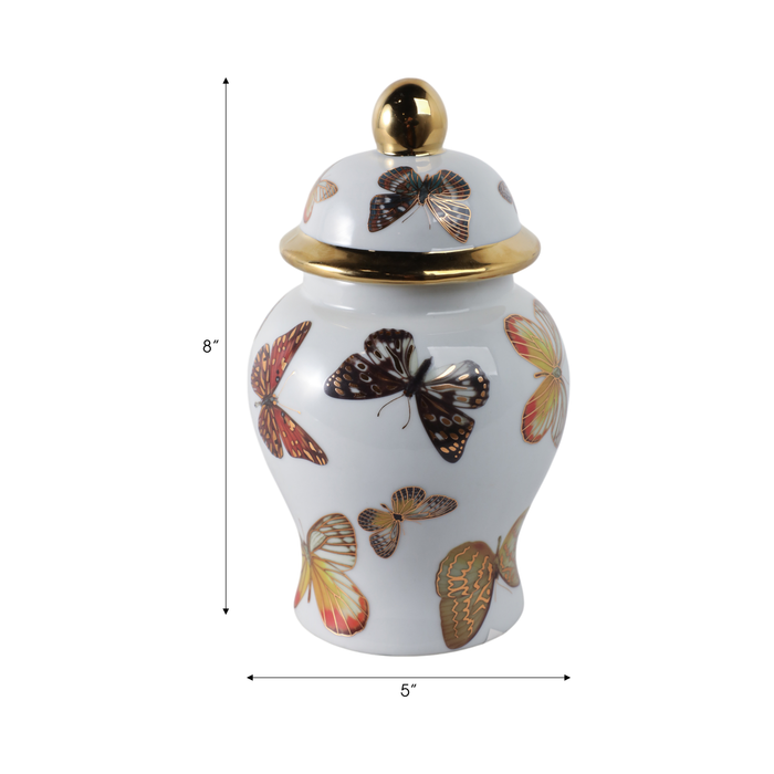 8.25” Ceramic Butterflies Temple Jar – White 