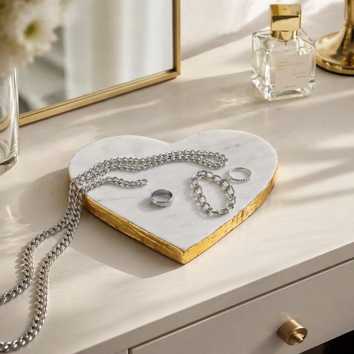 Marble Heart Tray with Gold Edges – White