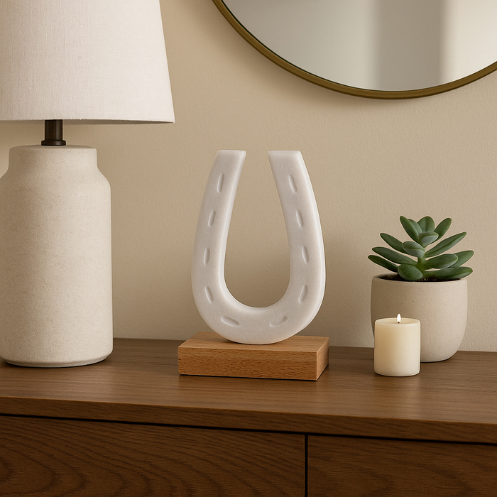 Marble 8.25” Horseshoe Sculpture with Wood Base – White
