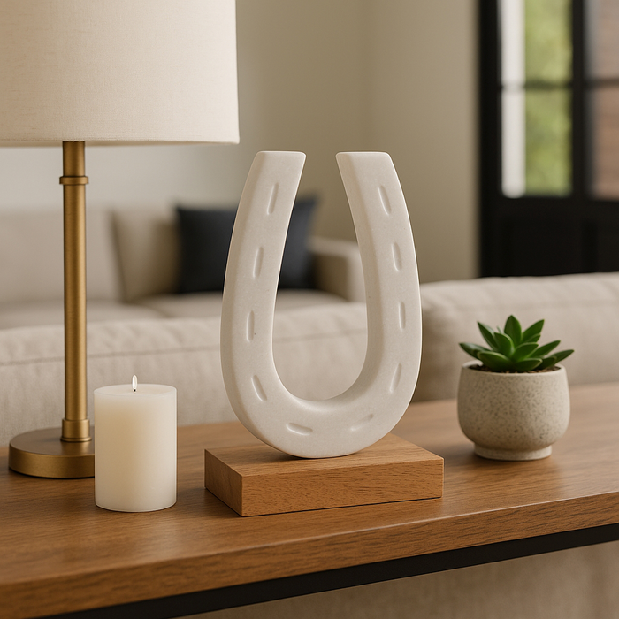 Marble 8.25” Horseshoe Sculpture with Wood Base – White