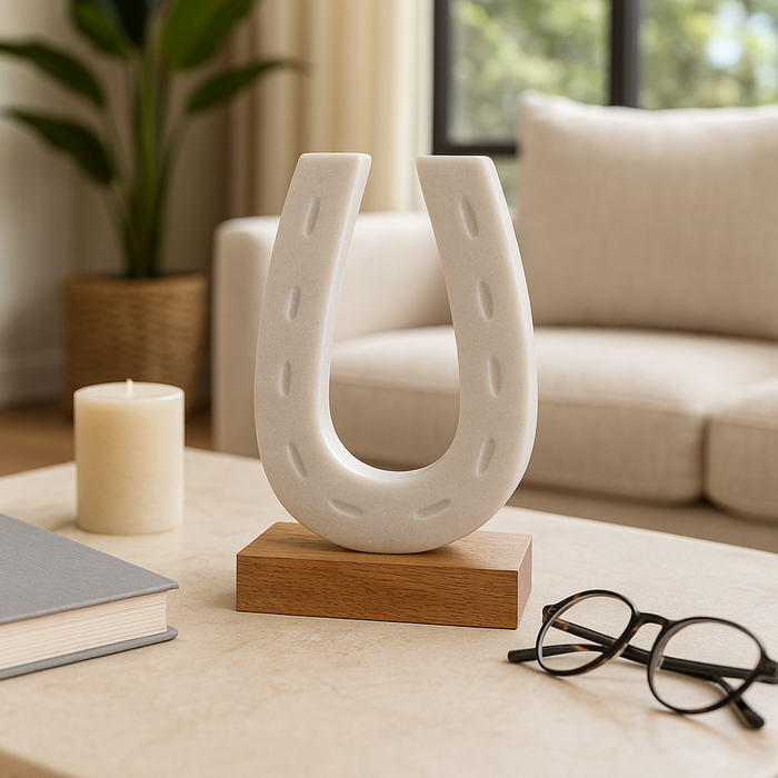 Marble 8.25” Horseshoe Sculpture with Wood Base – White