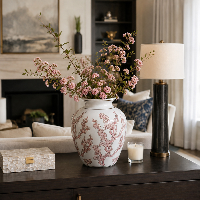 13” Ceramic Chinoiserie Cherry Blossom Vase – Pink 