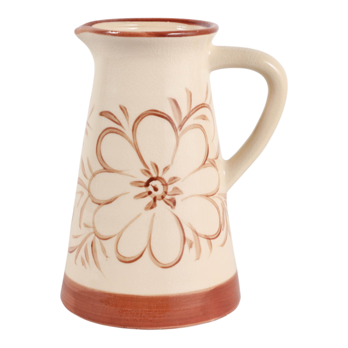 9.75” Ceramic Hand Painted Flower Pitcher – Light Brown
