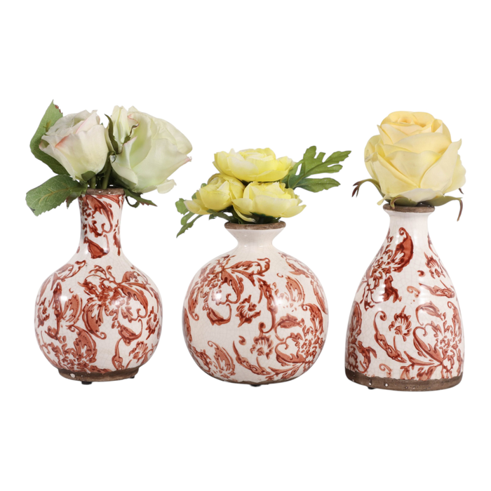 6.75” Set of 3 Ceramic Floral Cottage Bud Vases – Red and Ivory 