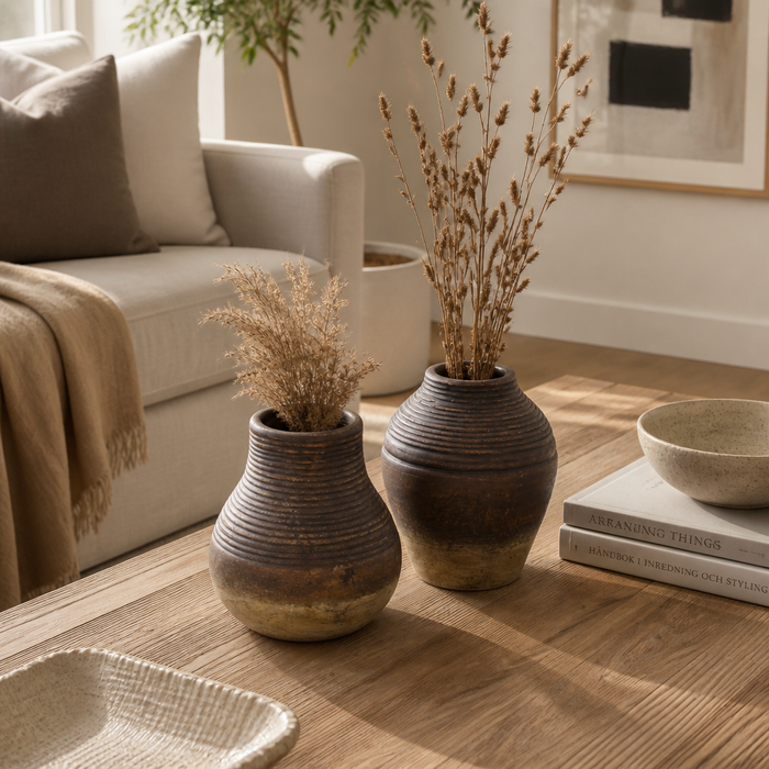 5.75” Set of 2 Terracotta Bud Vases with Grooved Lines – Sand 