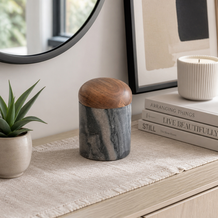 5” Curved Marble Box with Acacia Wood – Stone