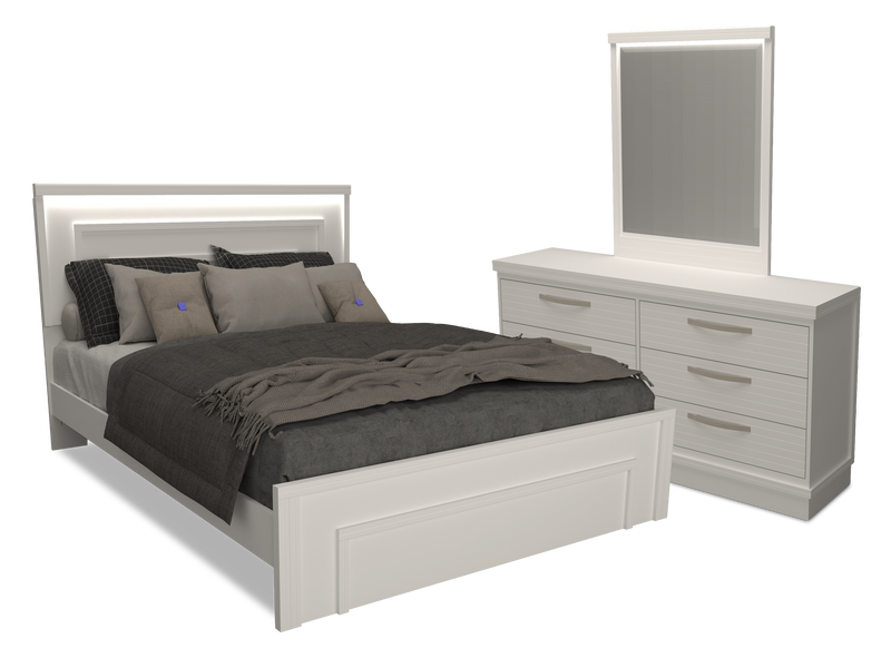Alpine 5pc Bedroom Set with Panel Bed, Dresser & Mirror, LED, Made in Canada, White - Queen