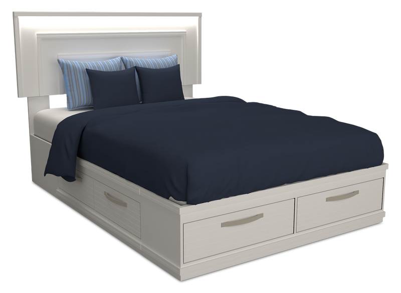Alpine Platform Storage Bed with Headboard & Frame, LED, Made in Canada, White - Full Size