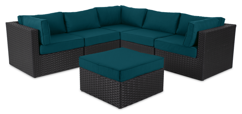 Barbados 5-Piece Outdoor Patio Set with 3 Corner Chairs & 2 Armless Chairs - Hand-Woven Resin Wicker, UV & Weather Resistant - Black/Blue
