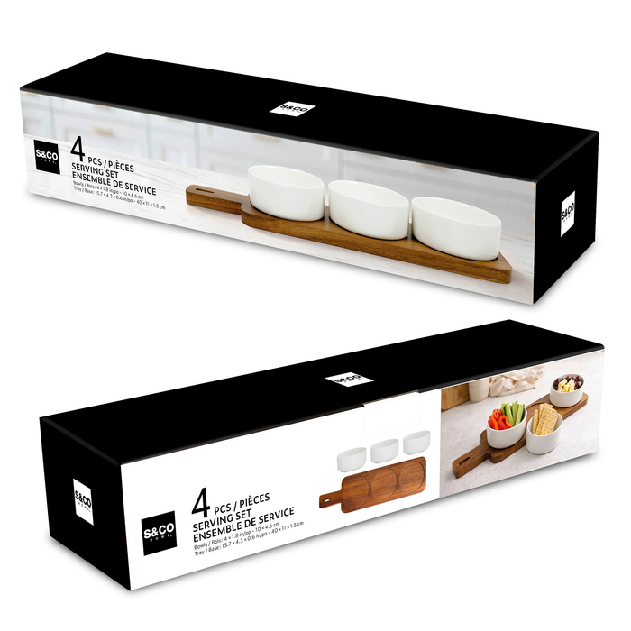 S&CO 4-Piece Bowl and Plank Serving Set – Porcelain and Wood