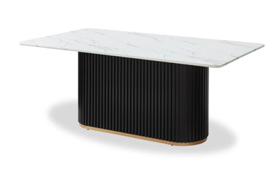 Kort & Co. Capri Dining Table with Marble-Look Top & Gold Accent, Pedestal Base, 72"W - Black/White | Table de salle à manger Capri de Kort & Co. de 72 po (L) avec dessus en imitation de marbre, touches dorées et base piédestal - noire et blanche
