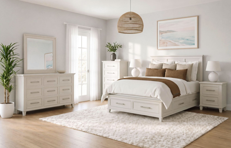 Celine 6pc Bedroom Set with Storage Bed, Dresser, Mirror & Nightstand, Ivory - Queen Size