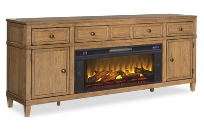 Clyde 81” Electric Fireplace TV Stand with Storage and Cable Management for TVs up to 90” – Golden Oak | Meuble pour téléviseur Clyde de 81 po avec foyer électrique, rangement et système de gestion des câbles pour téléviseurs jusqu’à 90 po - chêne doré